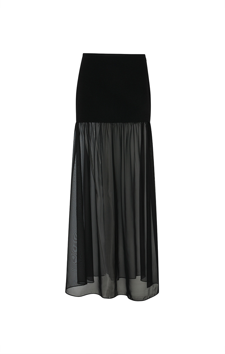CASY RIBBED COTTON AND SHEER CHIFFON SKIRT (BLACK)